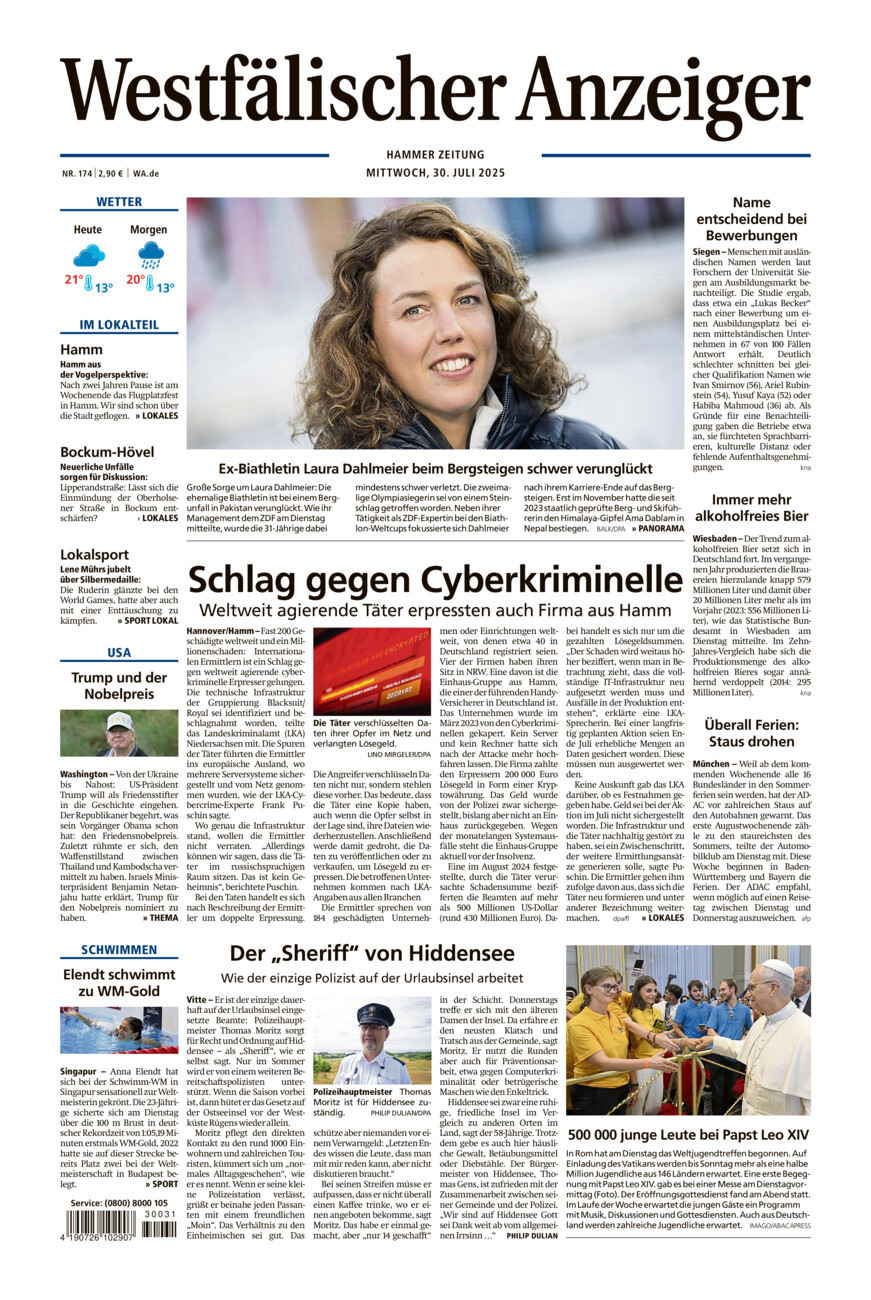 Westfälischer Anzeiger Hamm vom Mittwoch, 30.07.2025