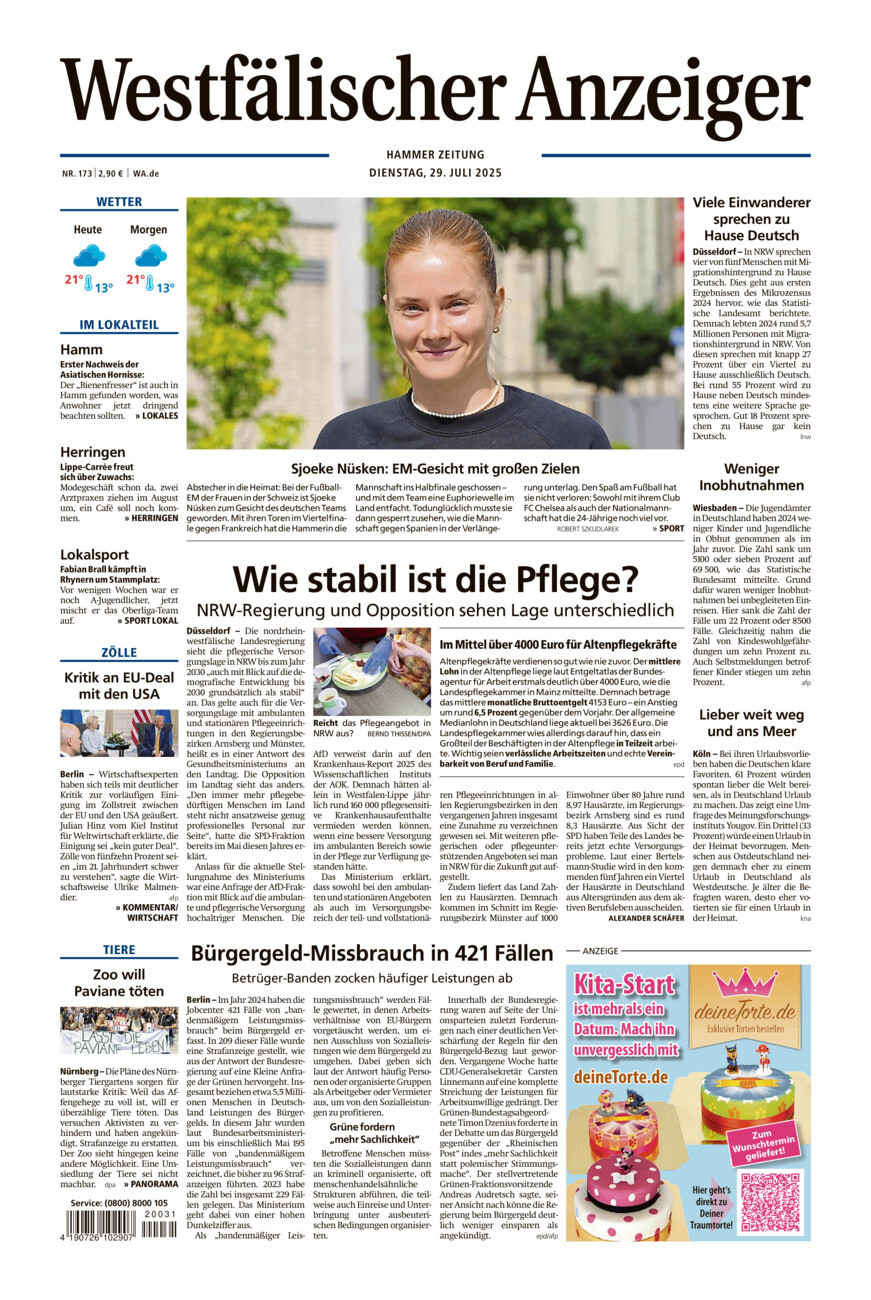Westfälischer Anzeiger Hamm vom Dienstag, 29.07.2025