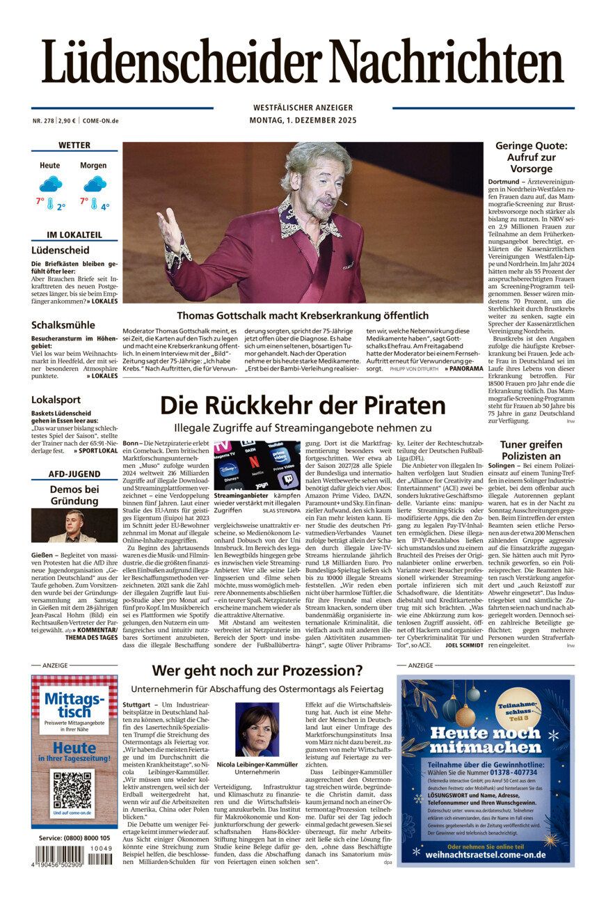Lüdenscheider Nachrichten vom Montag, 01.12.2025