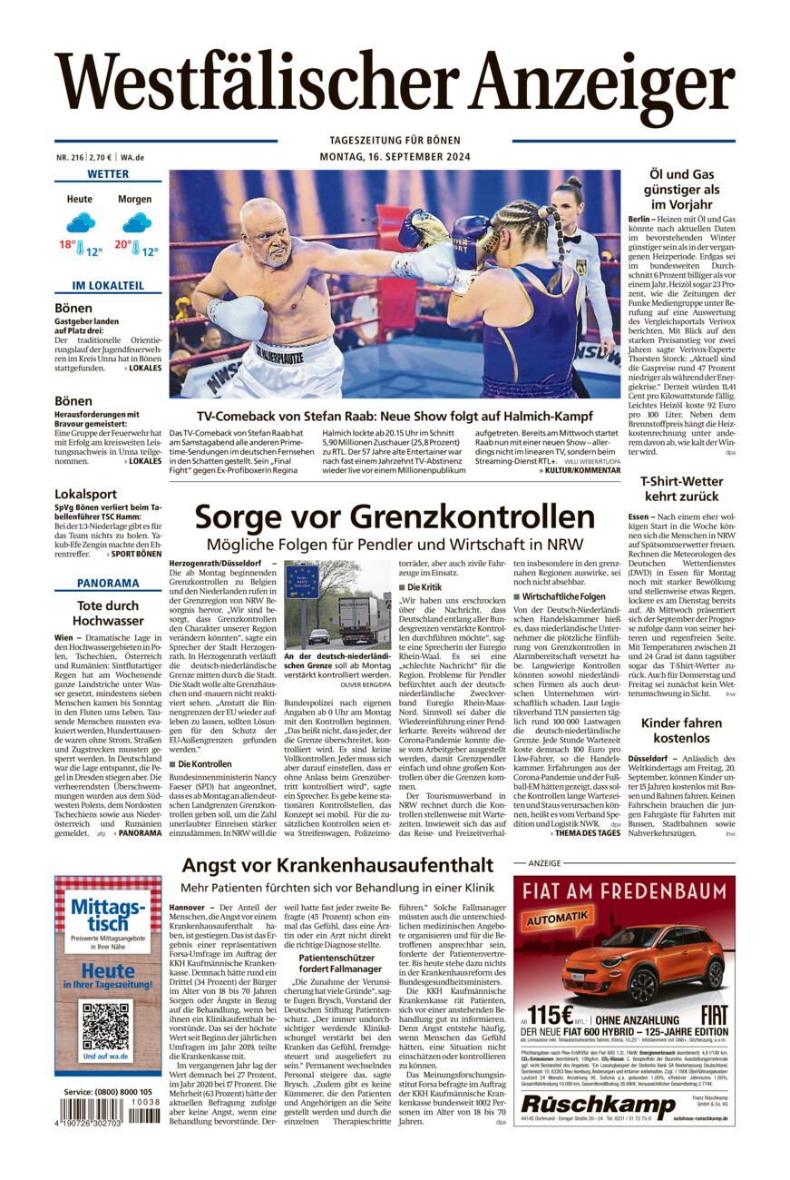 Westfälischer Anzeiger Bönen vom Montag, 16.09.2024