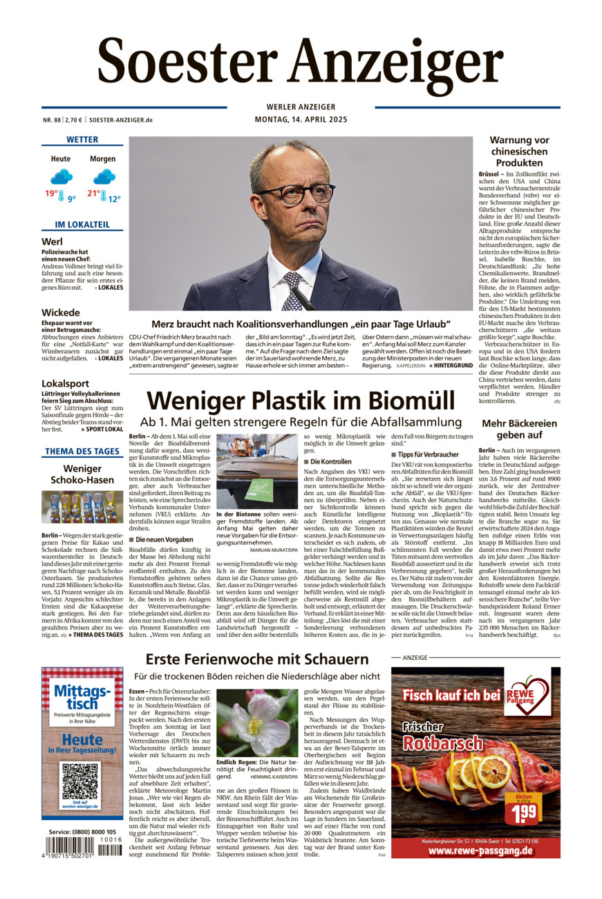 Soester Anzeiger Werl vom Montag, 14.04.2025