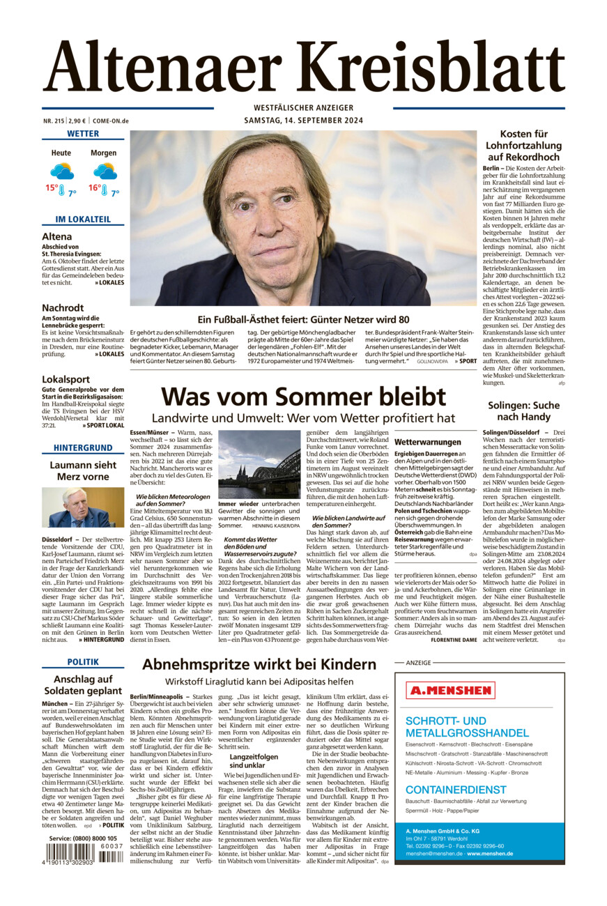 Altenaer Kreisblatt vom Samstag, 14.09.2024