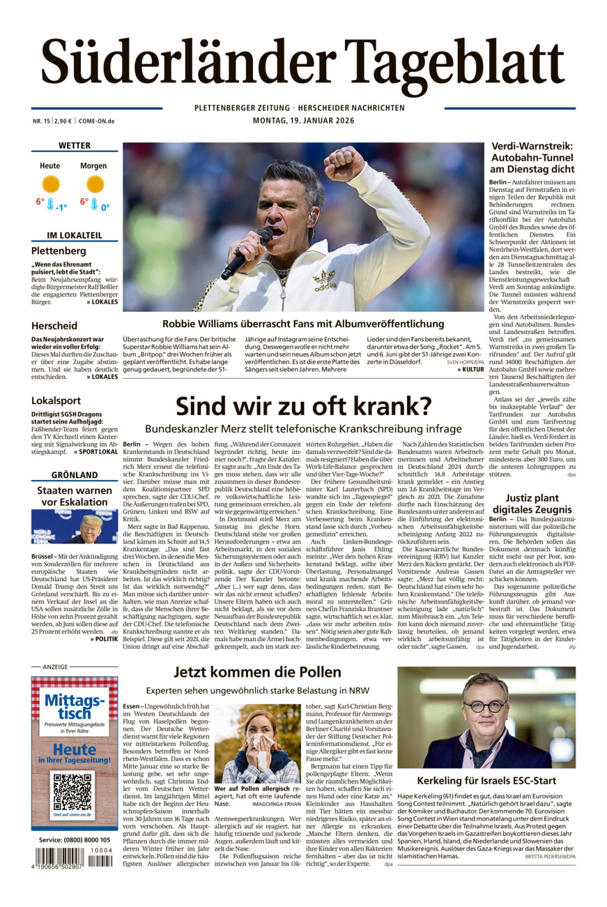 Süderländer Tageblatt vom Montag, 19.01.2026