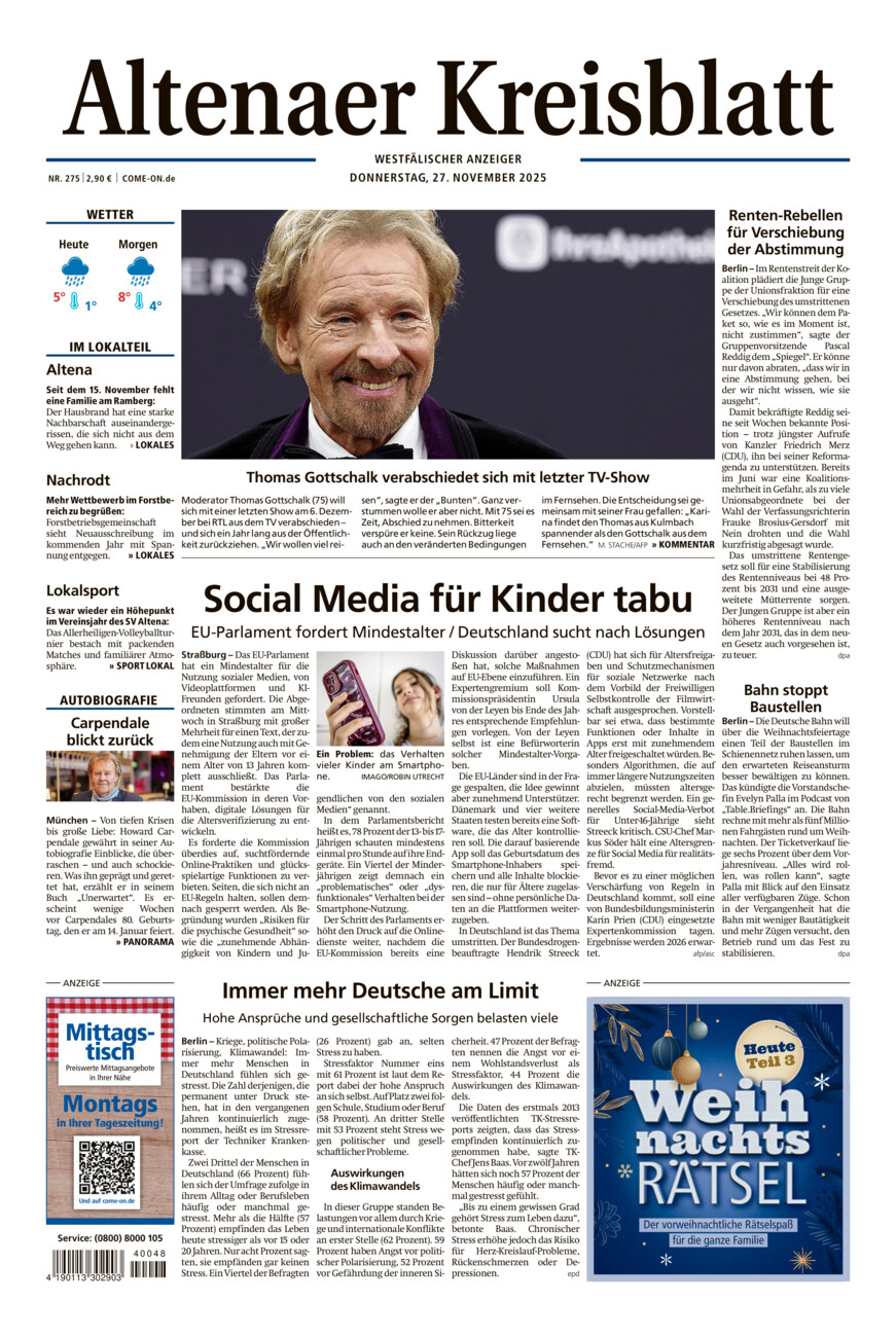 Altenaer Kreisblatt vom Donnerstag, 27.11.2025