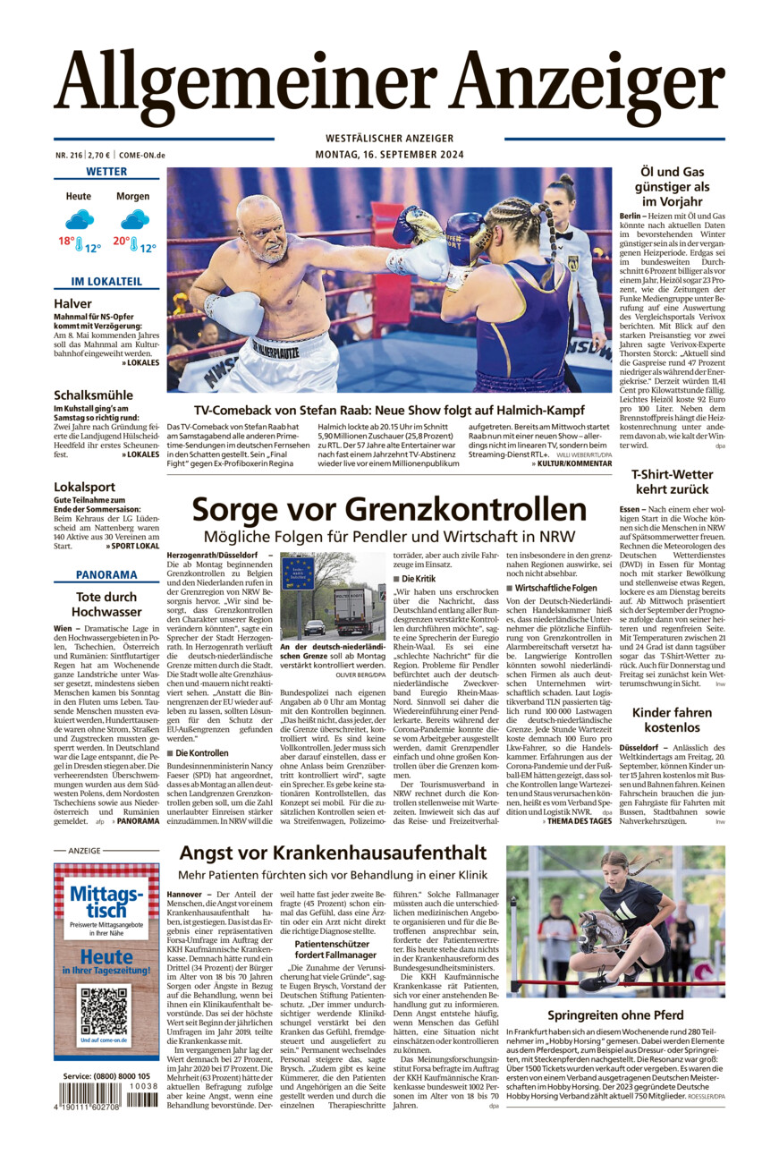 Allgemeiner Anzeiger vom Montag, 16.09.2024