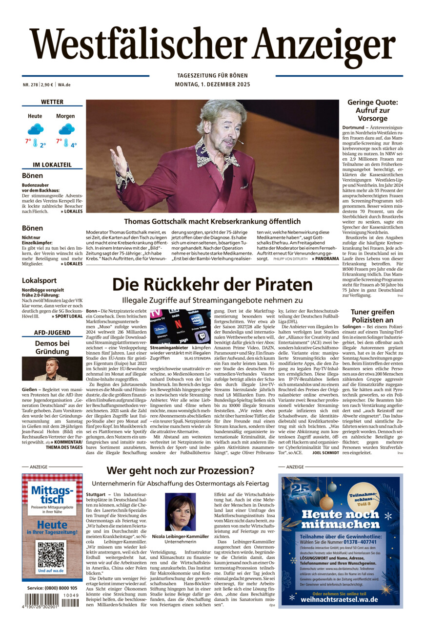 Westfälischer Anzeiger Bönen vom Montag, 01.12.2025