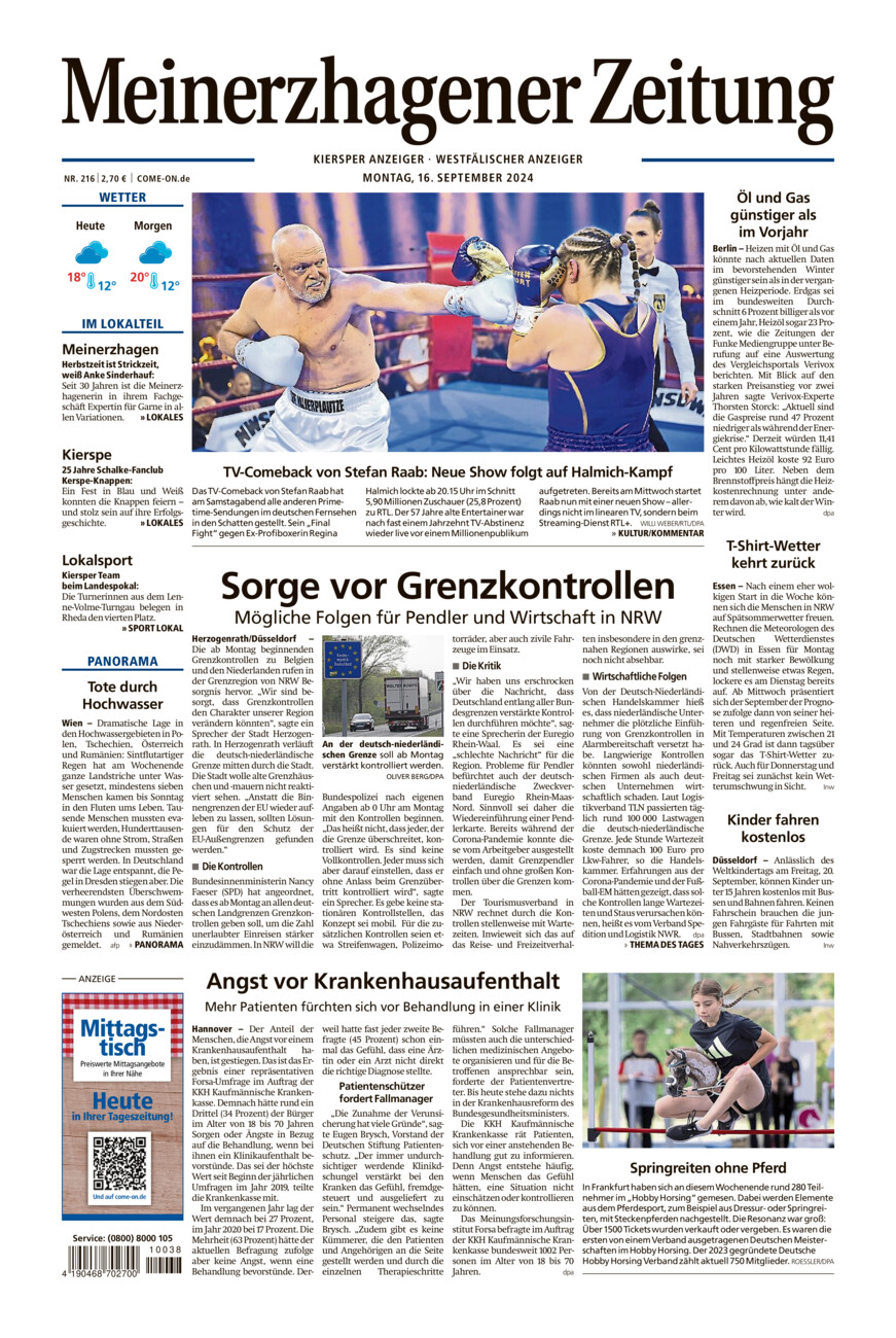 Meinerzhagener Zeitung vom Montag, 16.09.2024