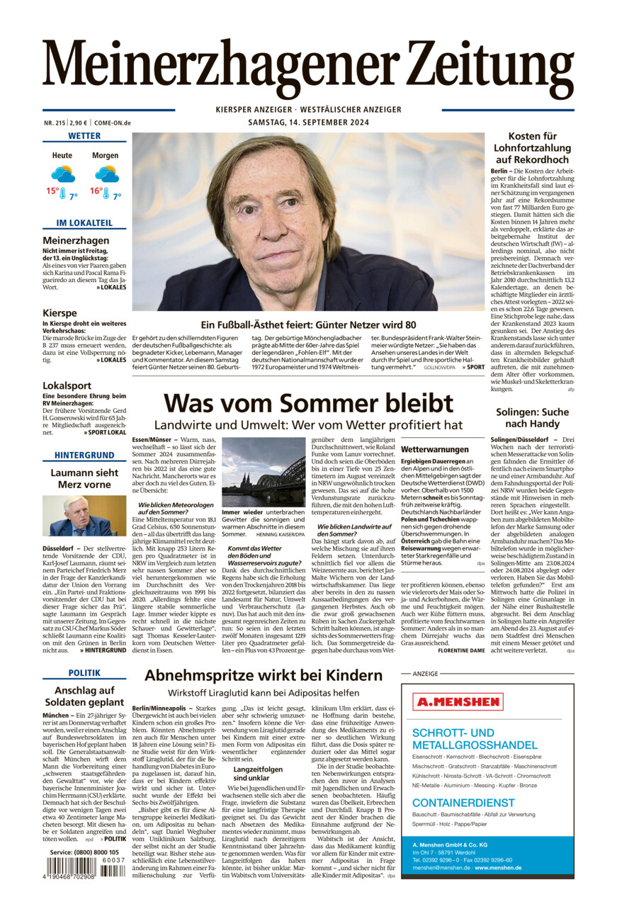 Meinerzhagener Zeitung vom Samstag, 14.09.2024