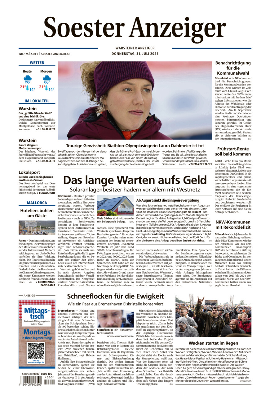 Soester Anzeiger Warstein vom Donnerstag, 31.07.2025