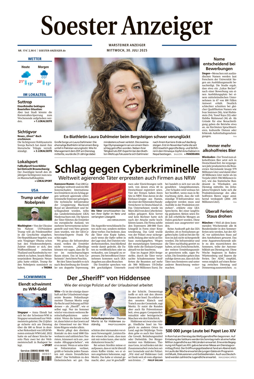 Soester Anzeiger Warstein vom Mittwoch, 30.07.2025
