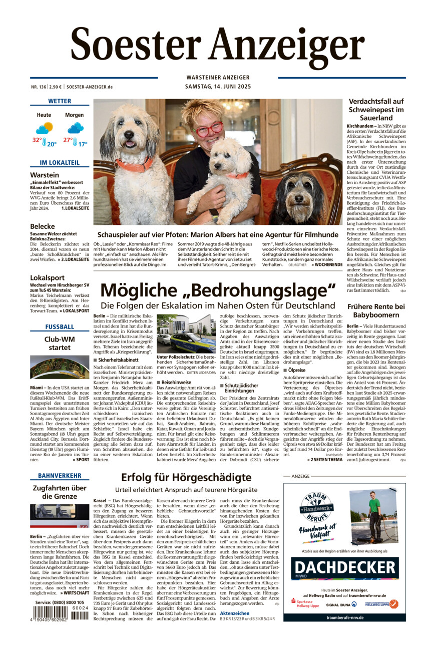Soester Anzeiger Warstein vom Samstag, 14.06.2025